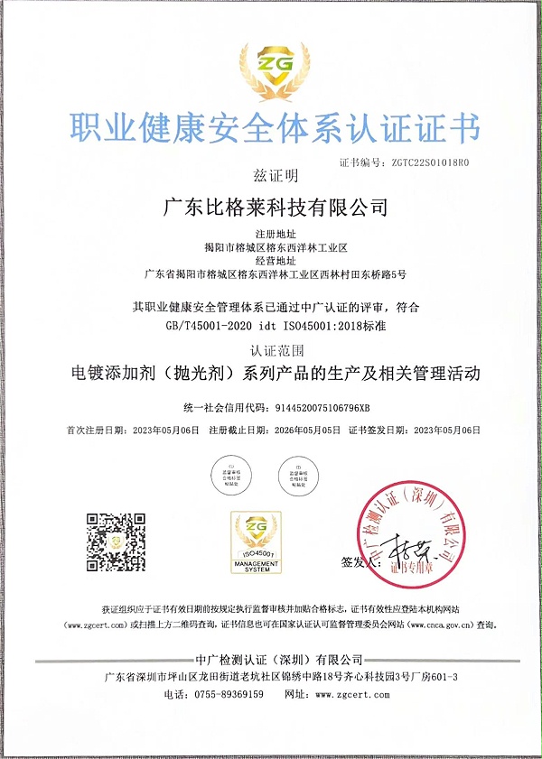 比格莱职业健康安全管理体系认证证书